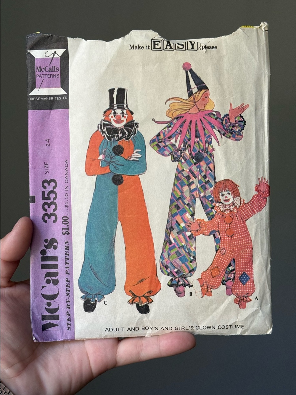 Adult Boy's Girl's Clown Costume Vintage c1972 Sewing Pattern by McCall's 3353